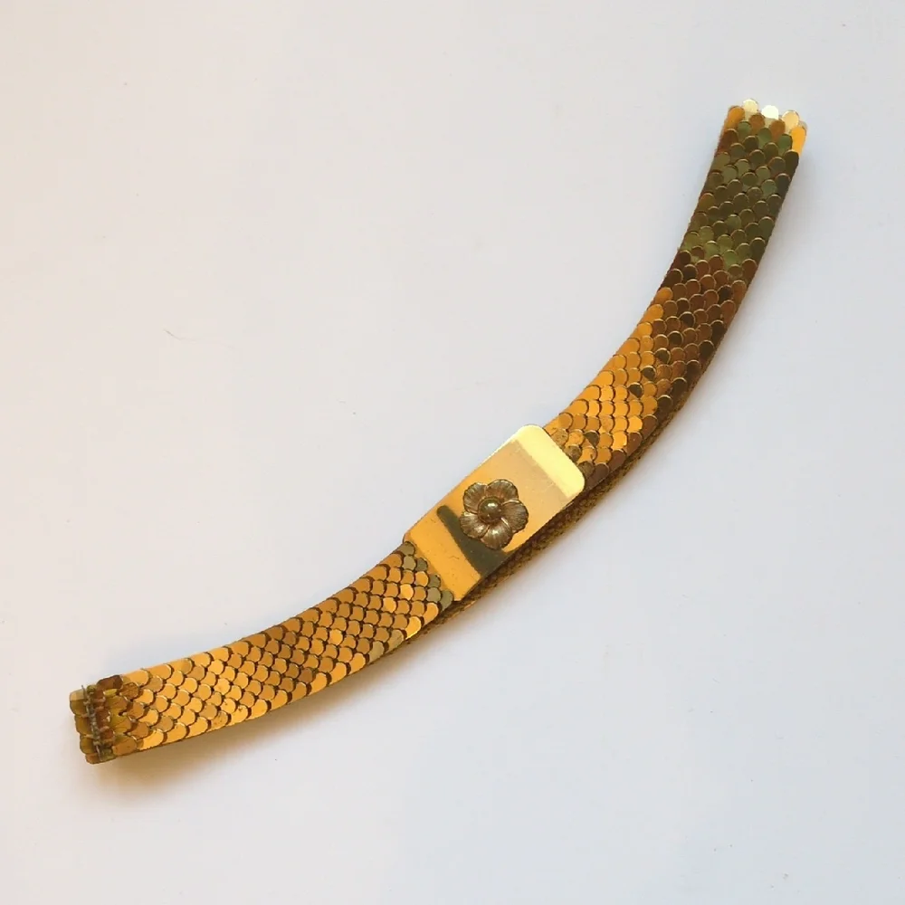 Vintage 70s/80s Stretchy Gold Fish Scale Sequin Belt w/ Flower Buckle - Disco